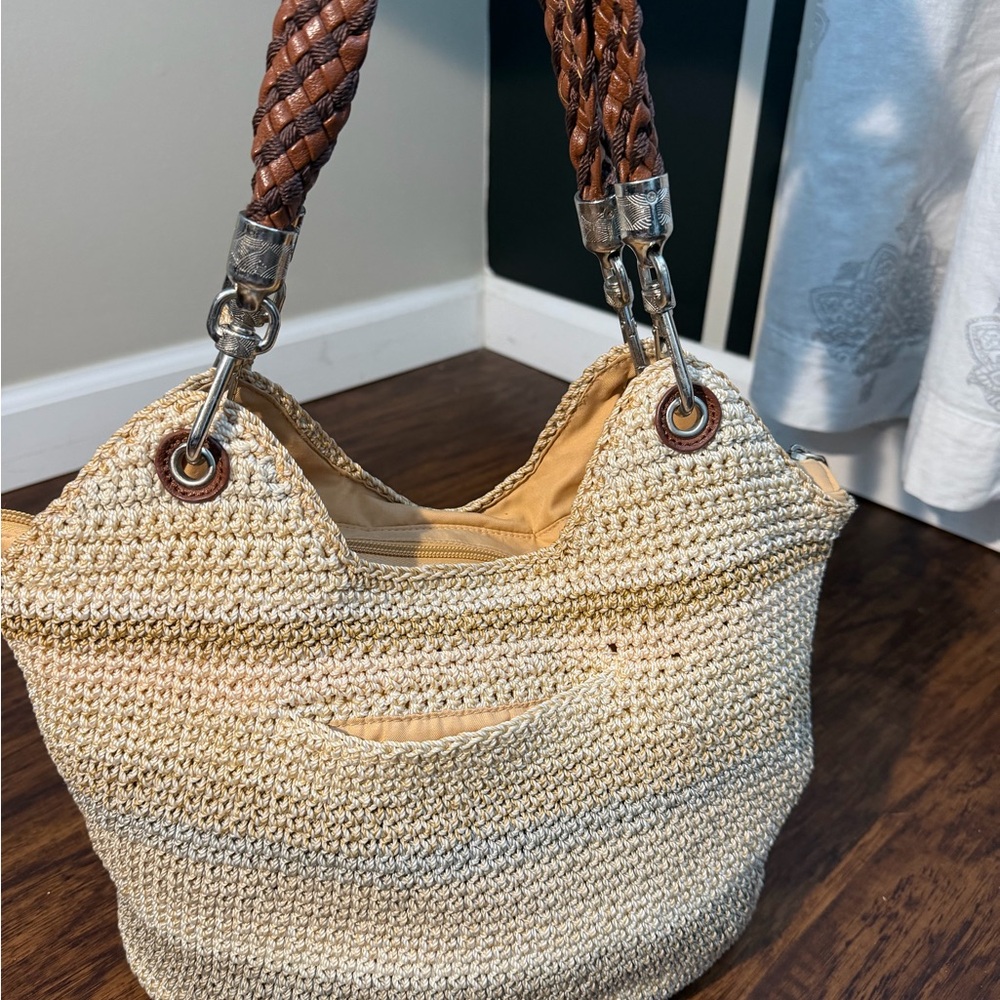 The Sak Cream Woven Shoulder Bag with Braided Brown Handles